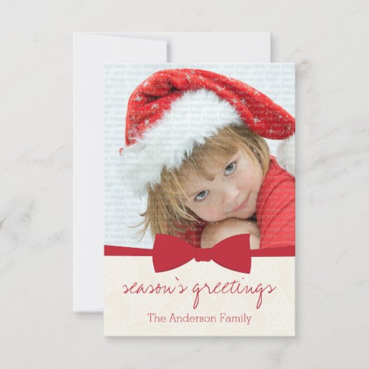 赤いリボンクリスマスホリデーフォトカード 招待状 (正面)