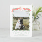 赤いリボンクレスト緑のヴィンテージクリスマスフォト シーズンカード (スタンド正面)