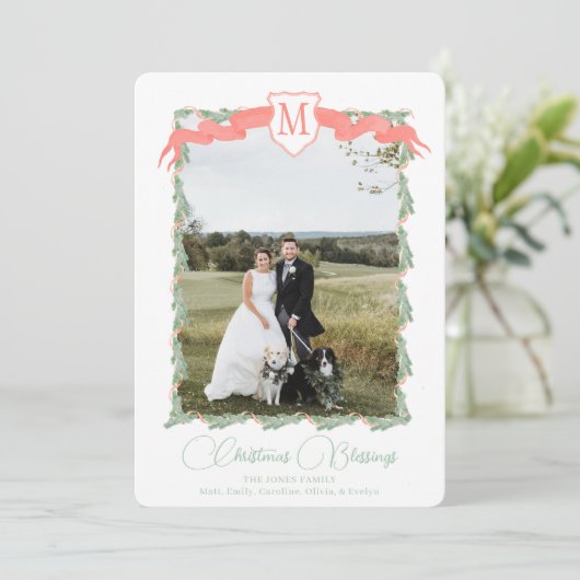 赤いリボンクレスト緑のヴィンテージクリスマスフォト シーズンカード (スタンド正面)