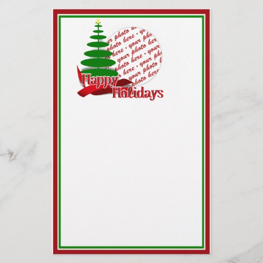 赤いリボンフォトフレーム付きクリスマスツリー 便箋 (正面)