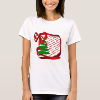 赤いリボンフォトフレーム付きクリスマスツリー Tシャツ