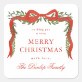 赤いリボンボウ緑のクリスマスギフトタグ スクエアシール (正面)