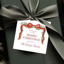 赤いリボンボウ緑のクリスマスギフトタグ