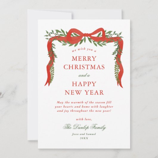 赤いリボンボウ緑の写真クリスマス シーズンカード (正面)