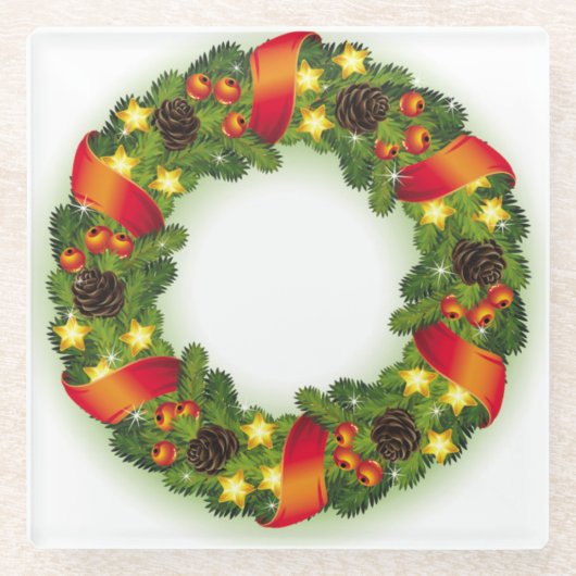 赤いリボン付きのグリーンのモミのクリスマスリース ガラスコースター (正面)