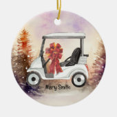 赤いリボン水彩付きゴルフカート セラミックオーナメント (正面)
