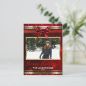 赤いリボン ゴールド グラム スパークル ホリデー フォト カード (スタンド正面)