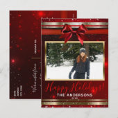 赤いリボン ゴールド グラム スパークル ホリデー フォト カード (正面/裏面)