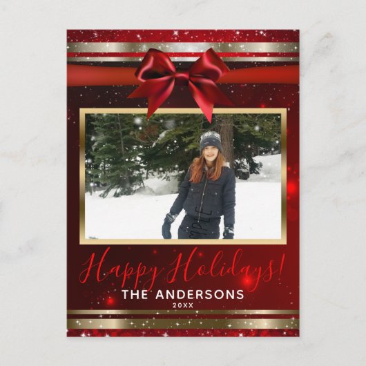 赤いリボン ゴールド グラム スパークル ホリデー フォト カード (正面)