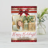 赤いリボン ゴールド ホワイト キラキラ ホリデー フォト カード (スタンド正面)
