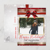 赤いリボン ゴールド ホワイト スパークル ホリデー フォト カード (正面/裏面)