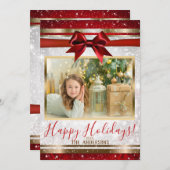 赤いリボン ゴールド 白いスパークル ホリデー フォト カード (正面/裏面)