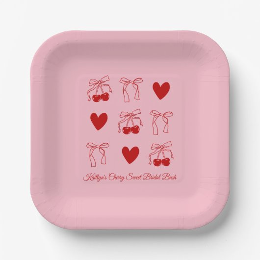 赤いリボン チェリー スイート ブライダル シャワー 紙皿 (正面)