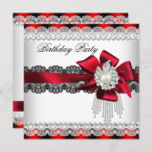 赤いリボン パールレース パール 誕生日パーティー2 招待状 (正面/裏面)