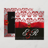 赤いリボン ルビー ホワイト ブラック ダマスク モノグラム 招待状 (正面/裏面)