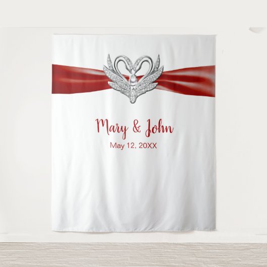 赤いリボン 銀の白鳥 結婚式 背景 タペストリー (正面)