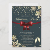 赤いリボン、雪の結晶、眼鏡、黒い会社のクリスマス 招待状 (正面)