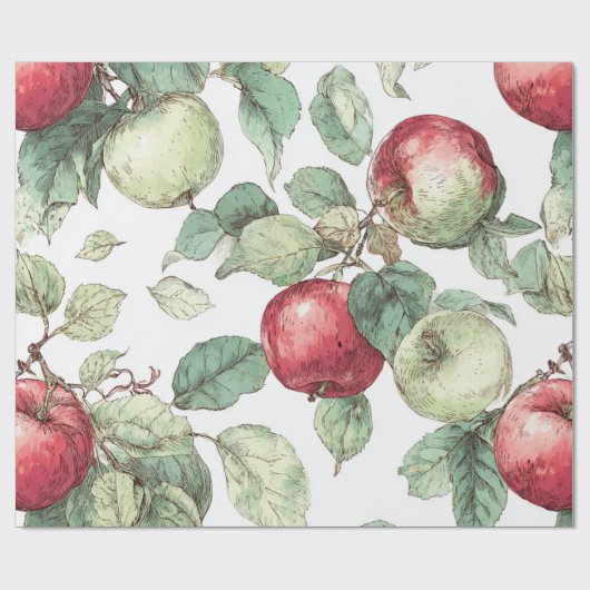赤いリンゴのグリーンの葉のパターン 水彩の素朴なデザイン ラッピングペーパー (フラット)