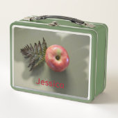 赤いリンゴパーソナライズされた写真グリーン メタルランチボックス (正面)