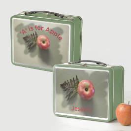 赤いリンゴパーソナライズされた写真グリーン メタルランチボックス