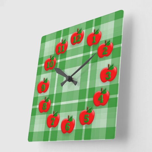 赤いリンゴ緑の格子市松模様に状のギンガム スクエア壁時計 (傾斜)