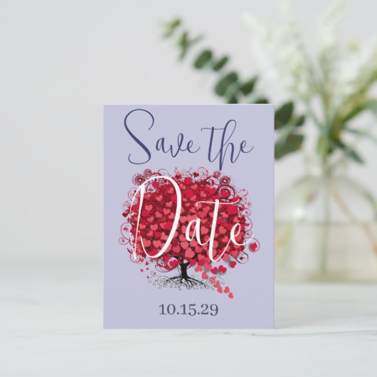 赤いリーフハートツリー日付の保存 案内ポストカード (スタンド正面)