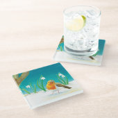 赤いルビン鳥とスノードロップのイラスト ガラスコースター (アングル)