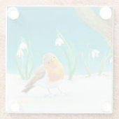 赤いルビン鳥とスノードロップのイラスト ガラスコースター (裏面)