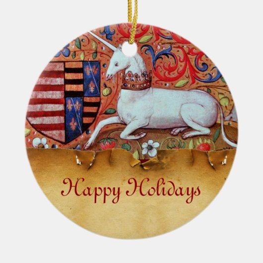 赤いルビーの宝石を持つユニコーンパーチメント セラミックオーナメント (正面)