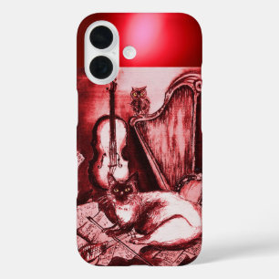 赤いルビー玉にフクロウを入れたミュージカル猫 iPhone 16ケース
