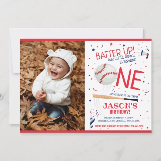 赤いルーキー野球のバッターアップ写真1歳の誕生日 招待状 (正面)