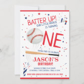赤いルーキー野球のバッターアップ1回目の誕生日 招待状 (正面)