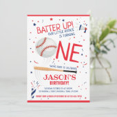 赤いルーキー野球のバッターアップ1回目の誕生日 招待状 (スタンド正面)