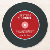 赤いレコード結婚式の日付を保存結婚する ラウンドペーパーコースター (正面)