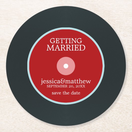 赤いレコード結婚式の日付を保存結婚する ラウンドペーパーコースター (正面)