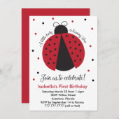 赤いレディバグの女の子の1歳の誕生日 招待状 (正面/裏面)