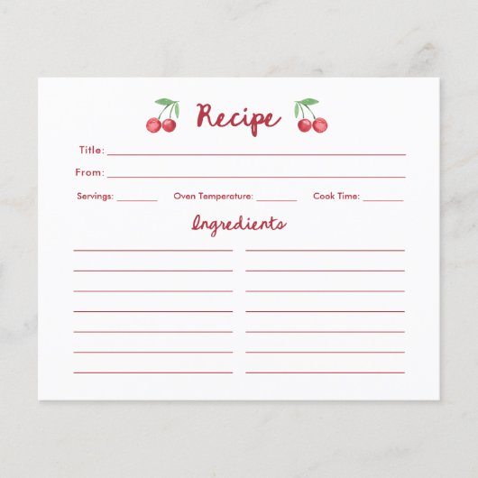 赤いレトロさくらんぼ | ブライダルシャワーレシピカード (正面)
