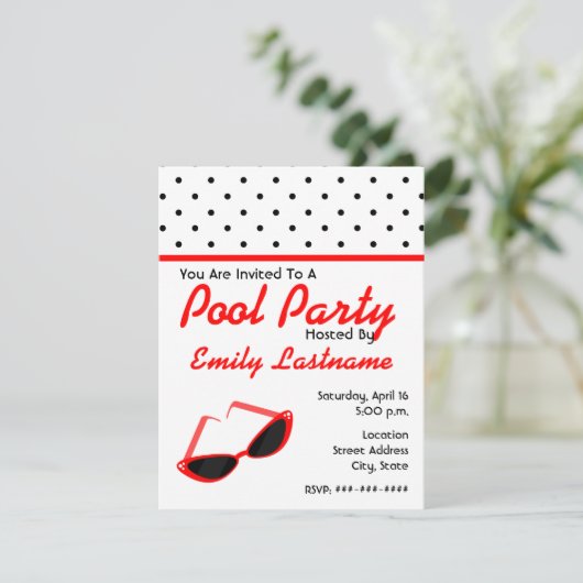赤いレトロのサングラス/水玉模様のプールを囲んでのパーティ 招待状 (スタンド正面)