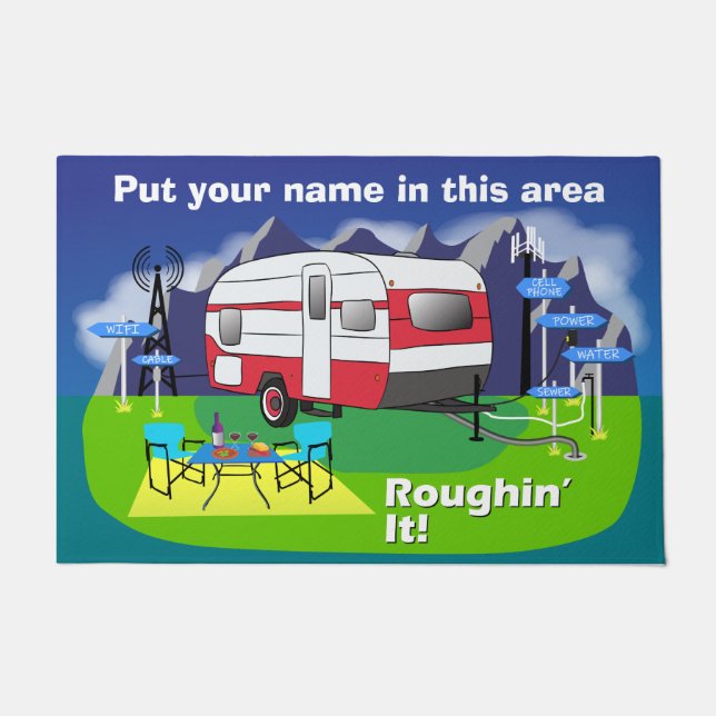 赤いレトロ旅行トレーラーの玄関マット24" x 36" ドアマット (正面)