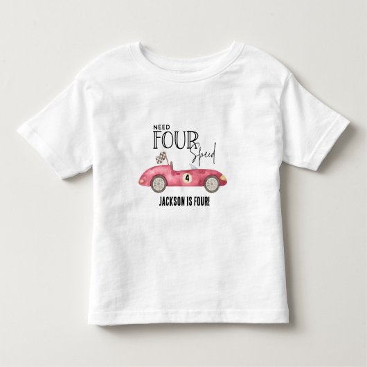 赤いレーシングカーが４歳の誕生日を迎える トドラーTシャツ (正面)