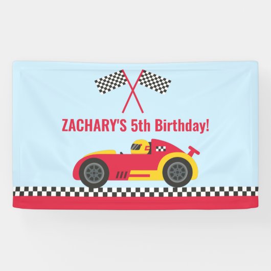 赤いレーシングカーの子供の誕生日パーティーの背景バナーバナー 横断幕 (横)