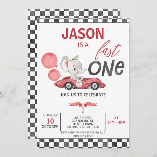 赤いレーシングカーバルーンゾウ1歳の誕生日 招待状