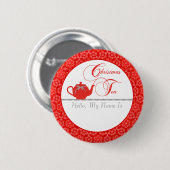 赤いレースのクリスマスの茶名前 缶バッジ (正面&裏面)