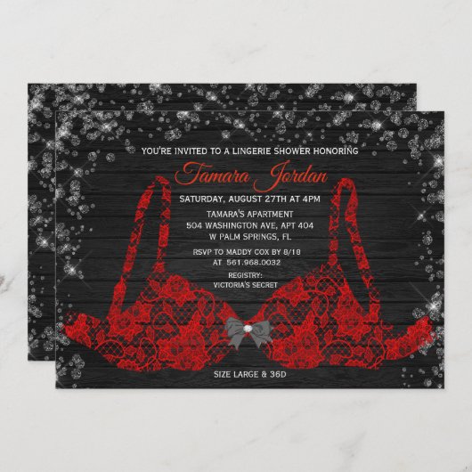 赤いレースのブラジャー 下着 シャワー ダイヤモンド 招待状 (正面/裏面)
