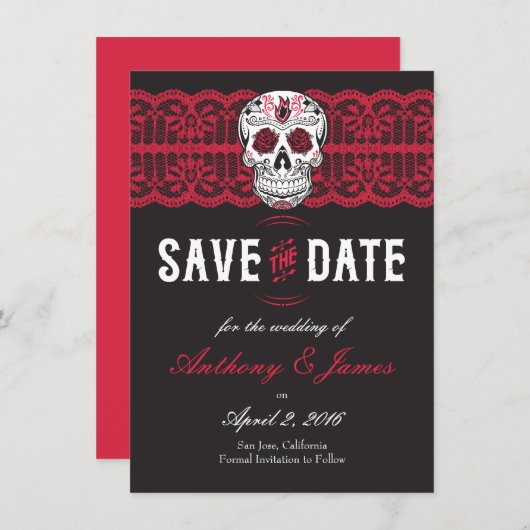 赤いレースの砂糖のスカルの保存日付4.5x6.25 セーブザデート (正面/裏面)