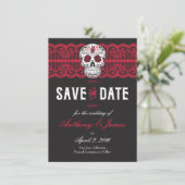 赤いレースの砂糖のスカルの保存日付4.5x6.25 セーブザデート (スタンド正面)