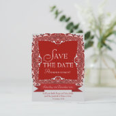 赤いレースの結婚式事前お知らせカード 招待状 (スタンド正面)