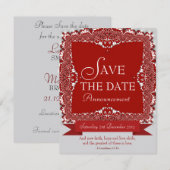 赤いレースの結婚式事前お知らせカード 招待状 (正面/裏面)