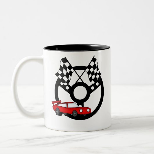 赤いレースカーおよび旗 ツートーンマグカップ (左)