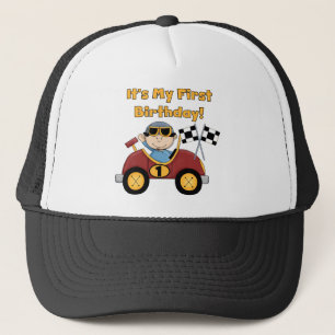 赤いレースカーの第1誕生日のTシャツおよびギフト キャップ